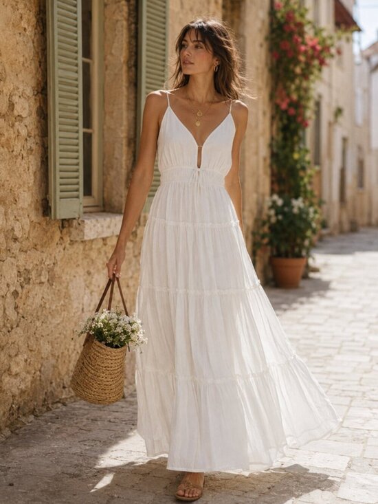 Streetwear Society Dresses & Skirts - White Tiered Maxi Dress Tie Waist Coastal Boho Bridal Fairy Country Size M